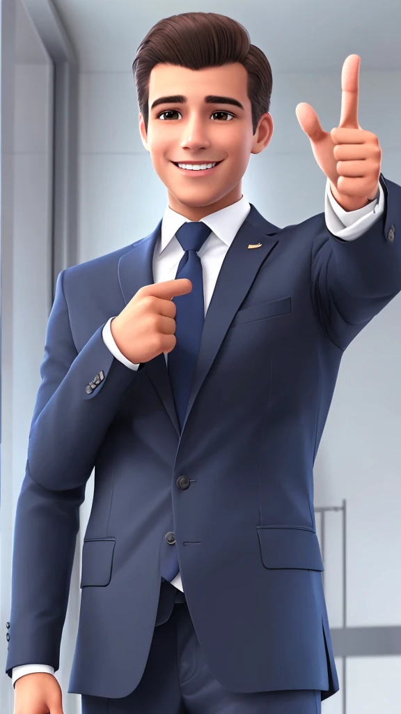 Young man with dark hair, brown eyes, wearing dark blue business clothes, smiling, showing thumb up, realistic, cartoon style