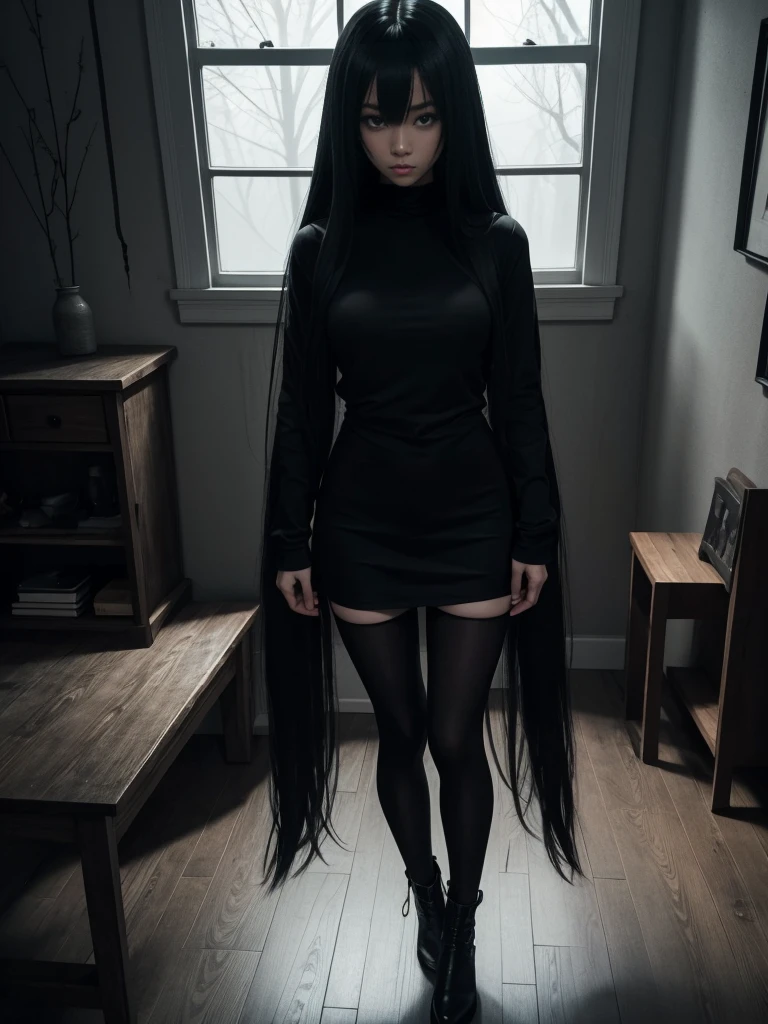 high angle american shoot, ultra-realistic textures, sensual style, a sinister but attractive humanoid puppet, Slim and creepy Sadako Yamamura style from The ring, scary pale grayish face, very long and straight black hair, wearing a shabby outfit with a black miniskirt, black leggings and a thin black sweater very tight ghostly appearance, skin of the face with cracks, in a dark house in the dark foggy night