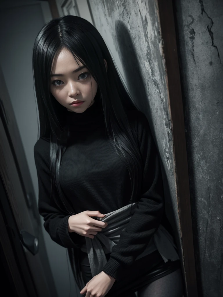 high angle american shoot, ultra-realistic textures, sensual style, a sinister but attractive humanoid puppet, Slim and creepy Sadako Yamamura style from The ring, scary pale grayish face, very long and straight black hair, wearing a shabby outfit with a black miniskirt, black leggings and a thin black sweater very tight ghostly appearance, skin of the face with cracks, in a dark house in the dark foggy night