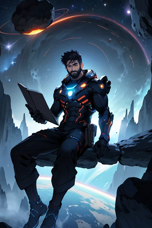 Draw a young programmer, sitting on a research platform floating in the middle of an asteroid belt. He is studying with a notebook, surrounded by several asteroids glowing with fiery auras. Dramatic lighting from distant stars and planets illuminates the scene, casting deep shadows on the suit. The young man looks confident and determined, looking at the vast and mysterious universe with wonder and respect,facial hair, cowboy shot,