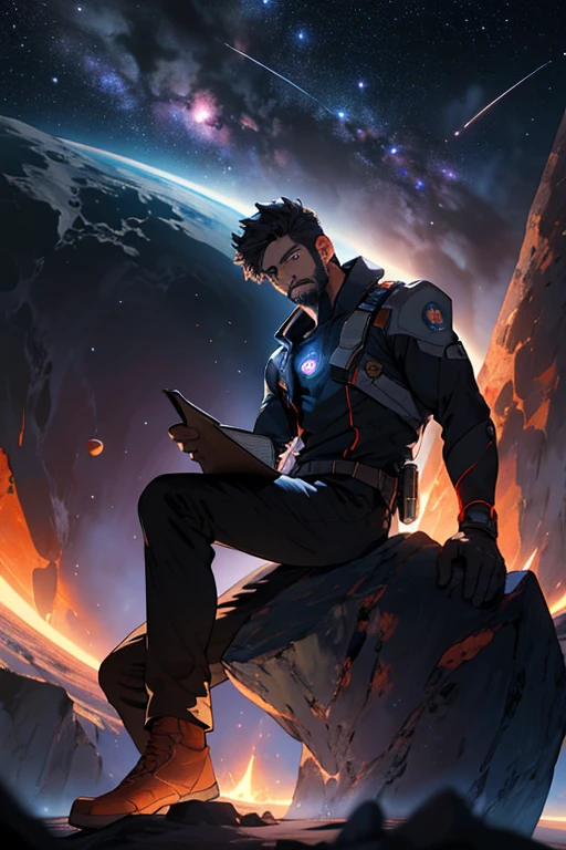 Draw a young programmer, sitting on a research platform floating in the middle of an asteroid belt. He is studying with a notebook, surrounded by several asteroids glowing with fiery auras. Dramatic lighting from distant stars and planets illuminates the scene, casting deep shadows on the suit. The young man looks confident and determined, looking at the vast and mysterious universe with wonder and respect,facial hair, cowboy shot,