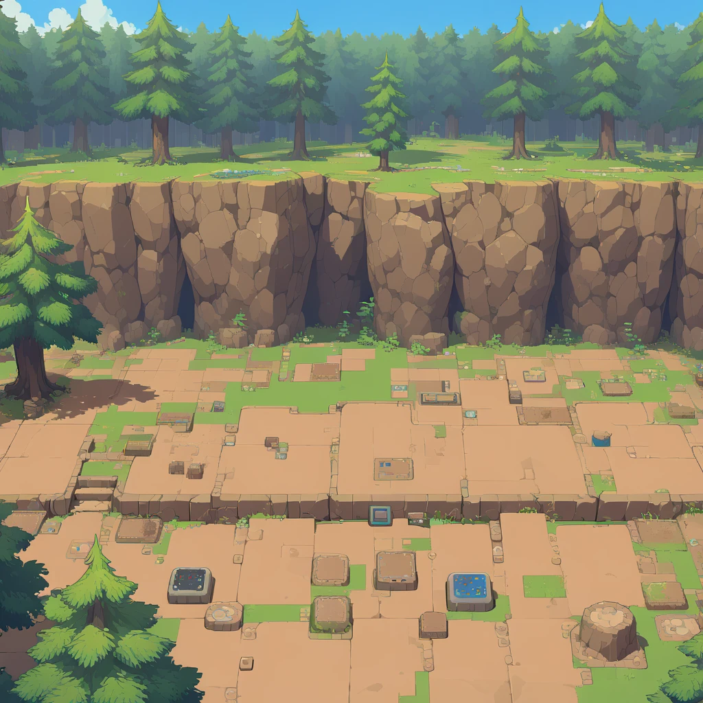 retro video game style,pixelated pastel colors,8-bit characters,blocky shapes,sharp lines,detailed shading,classic gaming vibe,nostalgic atmosphere,classic arcade games,masterpiece:1.2,ultra-detailed,illustration style, 2d texture, stone texture, 4 k seamless mud texture, video game texture, dirt texture, tileset, game tiles, grass, 3/4th perspective trees, cliff formation tileset, cliff texture tileset, 3/4th perspective forest, topdown view, game texture, game art, dirt, , tileable texture, top down view, 3/4th perspective