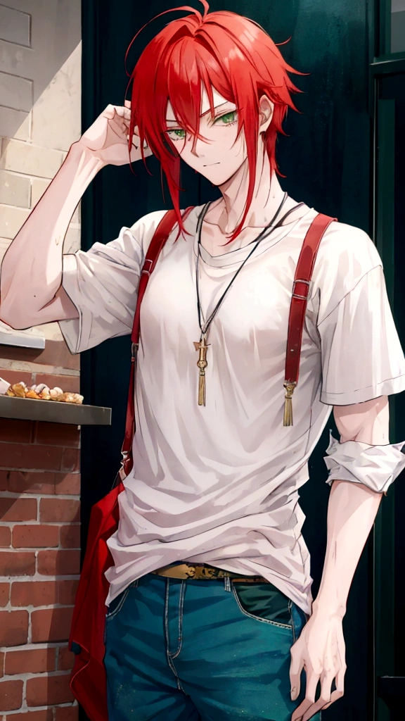 Kaito: Messy red hair, freckled complexion, green eyes, slightly taller at 5'9" (175 cm) with a muscular build. He often wears casual clothes, typically leaning towards darker colors.