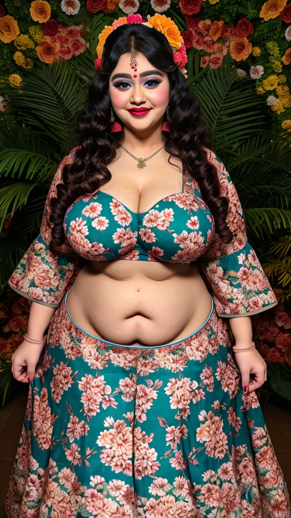 Captivating 25-year-old goddess, BBW, solo. 8k, best quality, professional, cinematic. Perky breasts, deep cleavage, plump face, thick eyelashes, curly hair. Wearing a vibrant Lehenga with floral patterns, directly engaging with the camera.