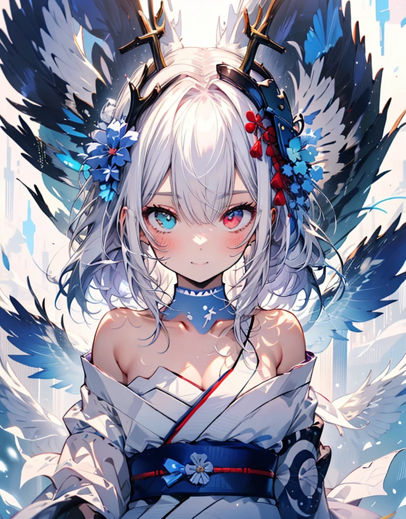 [[[ ultra-detailed, best quality, soft skin, beautiful, 4K]]] white hair, white fox ears, perfect blue and red eyes (heterochromia, tied-up hair, slender body, dynamic angle, white choker, white and blue upper loose kimono (off shoulders kimono ) , white fox ears, calm expression, female, snowy palace gardens background, serious). walking angle, ((little horny smile)), bare shoulders,  easy like, scenery 