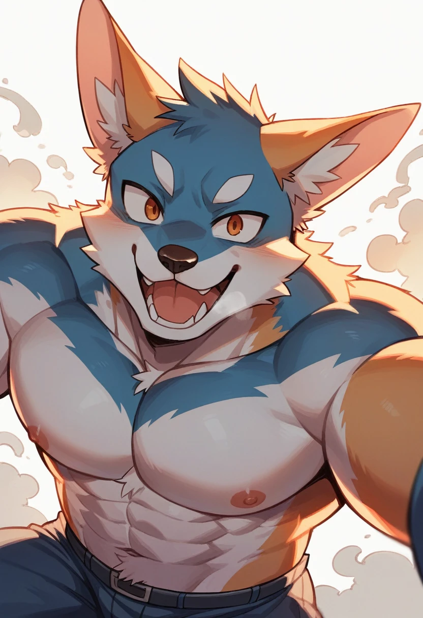 Arcanine,big big arcanine,male,anthro,balls,knot,sheath,seductive,nipples,very fluffy,tank top,pants,pants opened,big knot,hairly chest,hairly balls