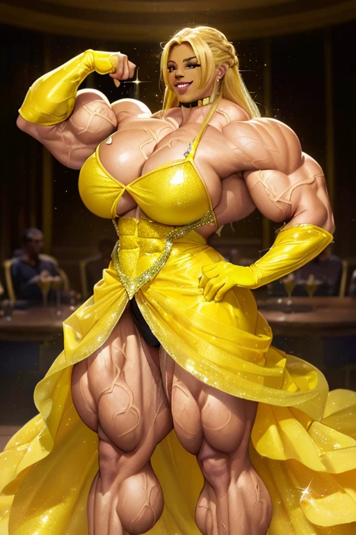 ((((Massive beautiful, buff, bulky, light brown brown skinned muscular woman with yellow hair, black lipstick, ginormous bulky muscles, flexing and wearing a sparkly long yellow cocktail dress)))), (close view), vascular, massive muscle, massive biceps, hyper muscle shoulders, vascular shoulders, hyper muscle triceps, long flowing hair, gray eyes, (high heels), ((sparkly long yellow cocktail dress)), ((long sleeved yellow gloves)), closed smile, (at a club), at evening, hyper muscles arms, hyper muscle legs, massive arms