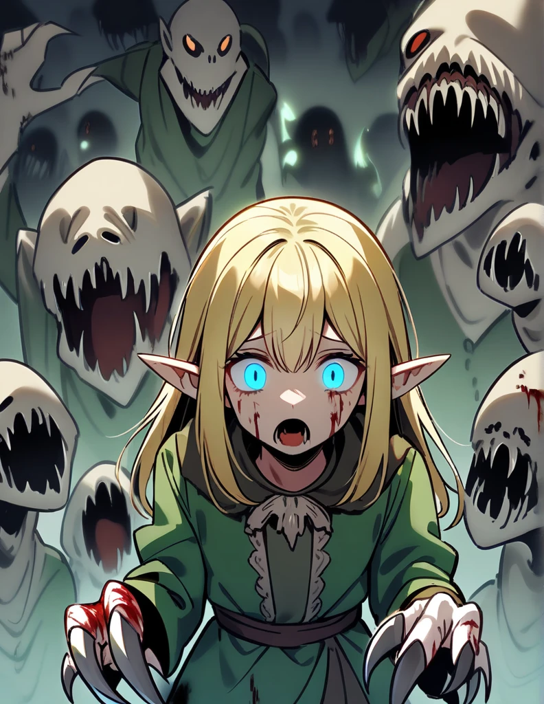 Human , bleeding, blue eyes, blonde hair, sharp claws, scratches on hands, green clothes, pointed ears, small carnivorous fairies around him, creepy, fear, terror, horror