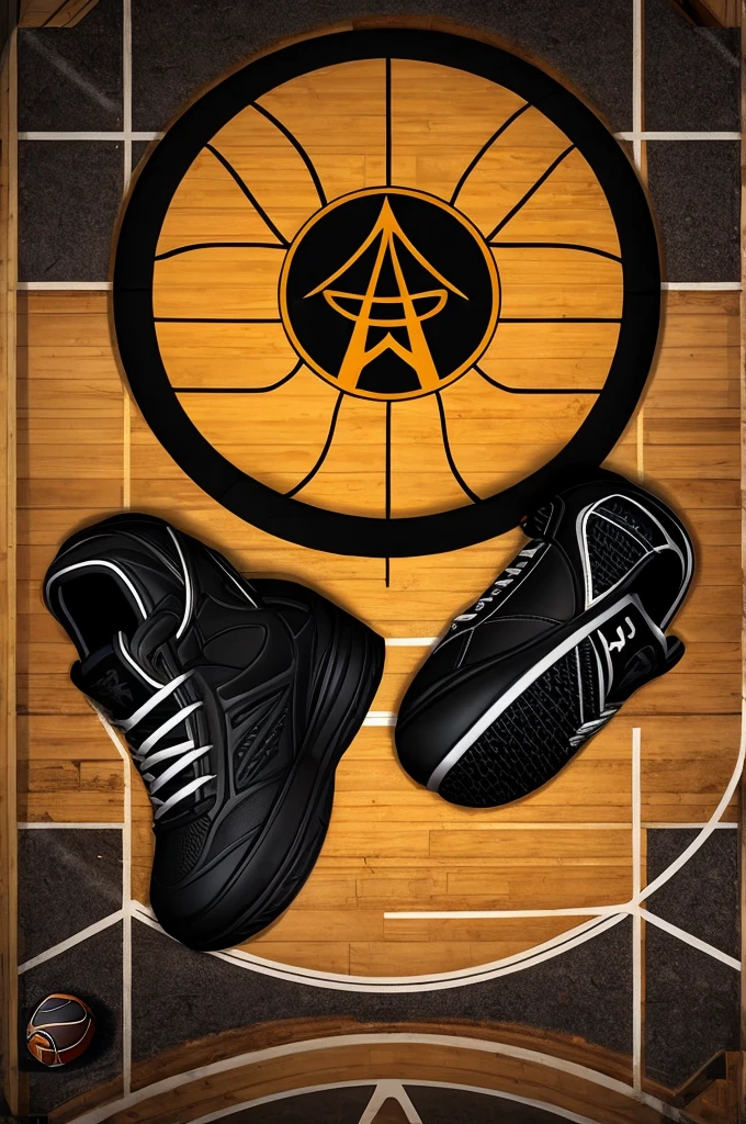 generates a striking logo of all-black animated sneakers floating on a basketball court