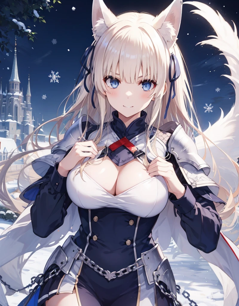 [[[ ultra-detailed, best quality, soft skin, beautiful, 4K]]] white hair, blue eyes, tied-up hair, slender body, dynamic angle, chainmail, white armor, white fox ears, calm expression, female, snowy palace gardens background, serious expression. walking angle, ((little horny smile)) to masch them über hugest big huge massive largest bigger biggest breasts 