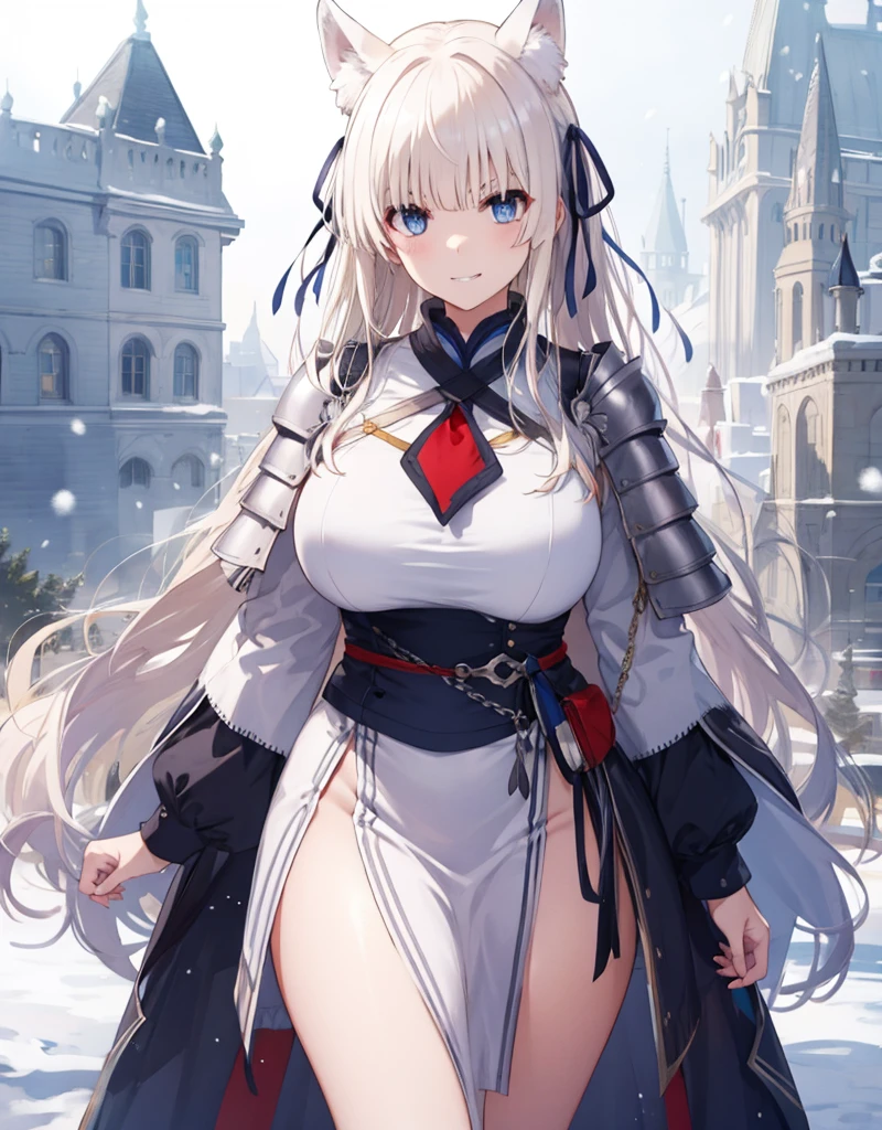 [[[ ultra-detailed, best quality, soft skin, beautiful, 4K]]] white hair, blue eyes, tied-up hair, slender body, dynamic angle, chainmail, white armor, white fox ears, calm expression, female, snowy palace gardens background, serious expression. walking angle, ((little horny smile)) to masch them über hugest big huge massive largest bigger biggest breasts 