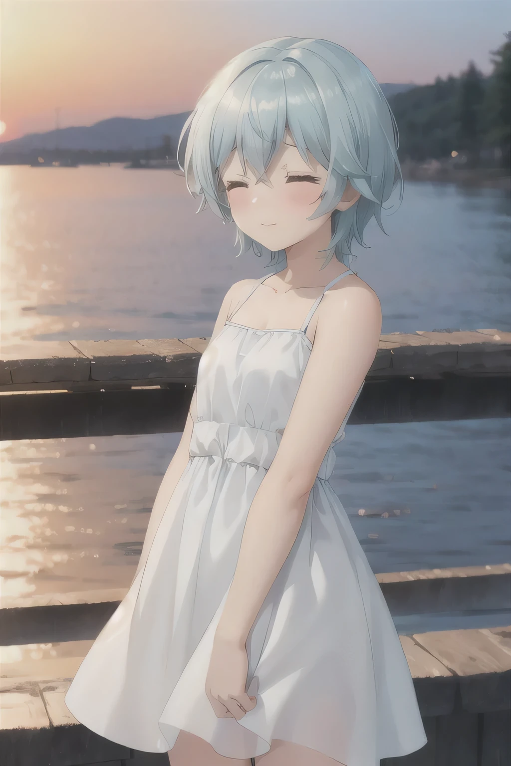 Shyness with eyes closed,Sunset,White Dress,Blue Hair,cute,Slightly blush,