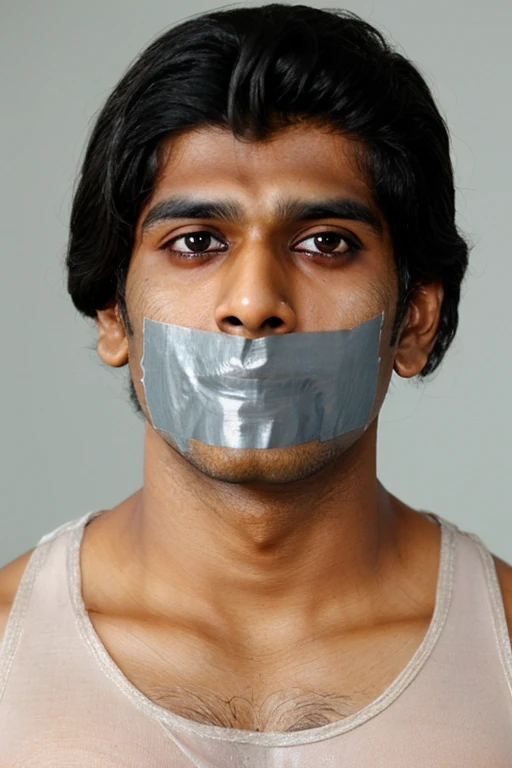 Indian man, indian men , men white singlet, hairy chest, short hair, white singlet, tape gag, tapegag