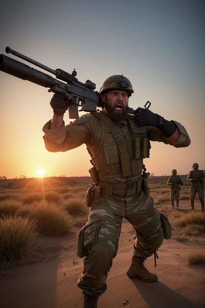An ultra realistic three-dimensional 3D image of a war field with many soldiers shooting and shouting with fury in their eyes and in mine from the war field a strong muscular and imposing soldier with weapons on his uniform reading the holy bible on the table at dawn with the setting sun