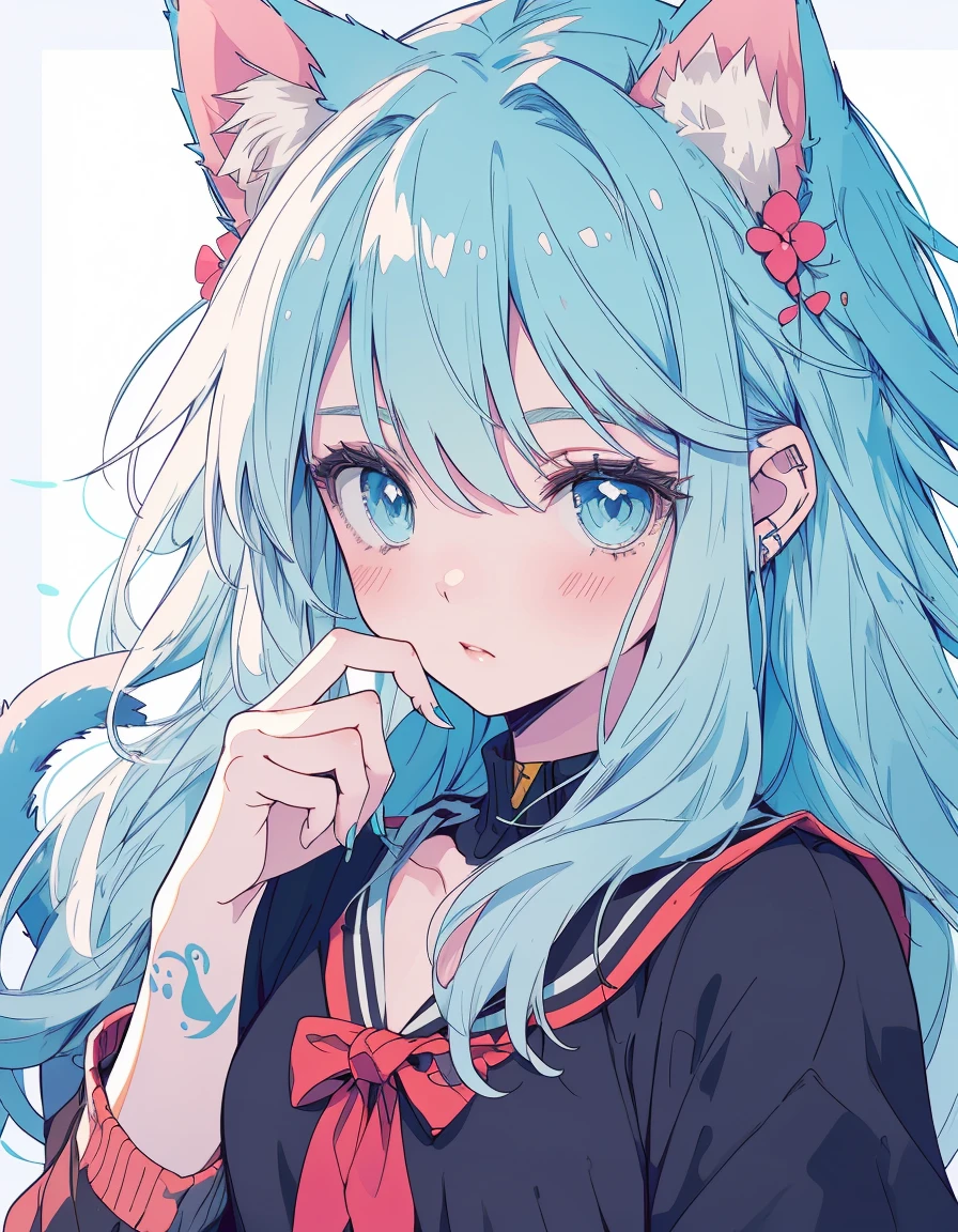 tattoo, full-body, blush, surprised, ((masterpiece, best quality:1.5)), ((Beautiful detailed cat aqua eyes:1.2)), cat ears, pale skin, medium breasts, beautiful hands, beautiful fingers, EasyNegative