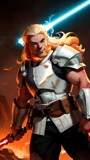 a 20 year old (Albino:1) of Anglo-Saxon descent with a smile and a burly brawny Physique, long hair with thick eyebrows and white eyes, holding his thick twohanded lightsaber with red lightning around it, black half armor with leather accents, foggy day walking in a lush battlefield, tense atmosphere, (solo:1).