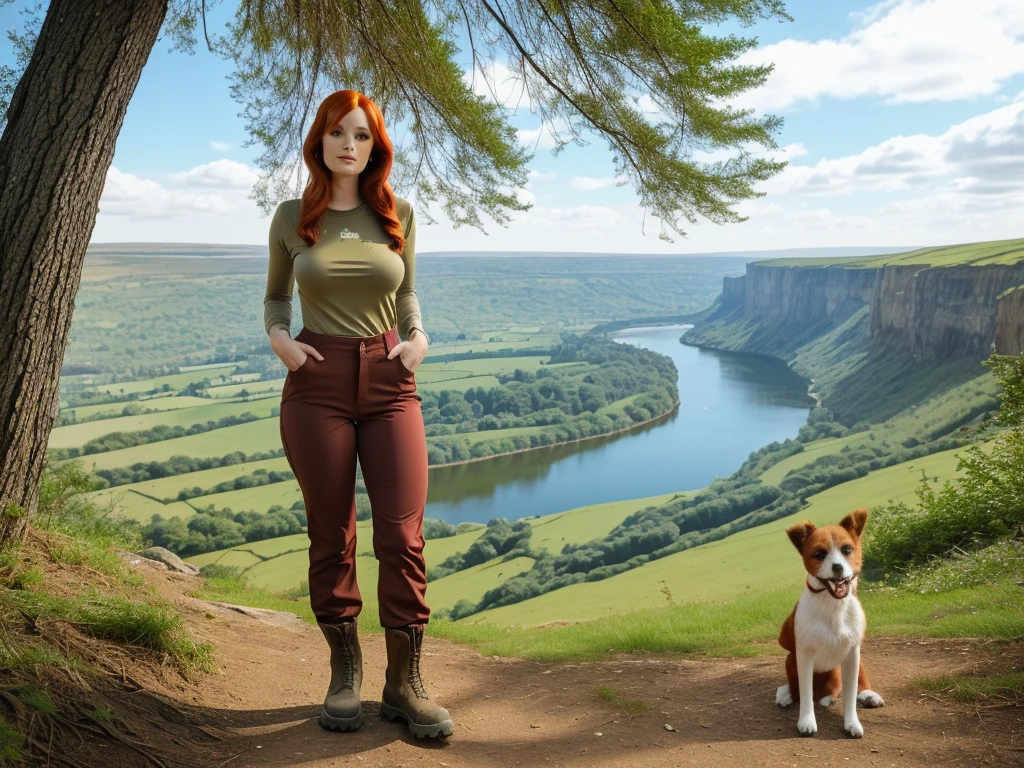 chris Eclear waterfall and Poole from 35 feet high Irish Vibrant red hair girl "She's very tall Extra long legs,Hands Big breasts, and here arm over her head On the other in her hair in triumph In a Hiking pants and top in the colour of Brown khaki Gear," Standing knee high with two white little dogs Give this picture an Irish feel of an Irish countryside," Make all the water Bright blue She's got to be in hiking boots trousers and top" A haunting knife on the girl's hip"