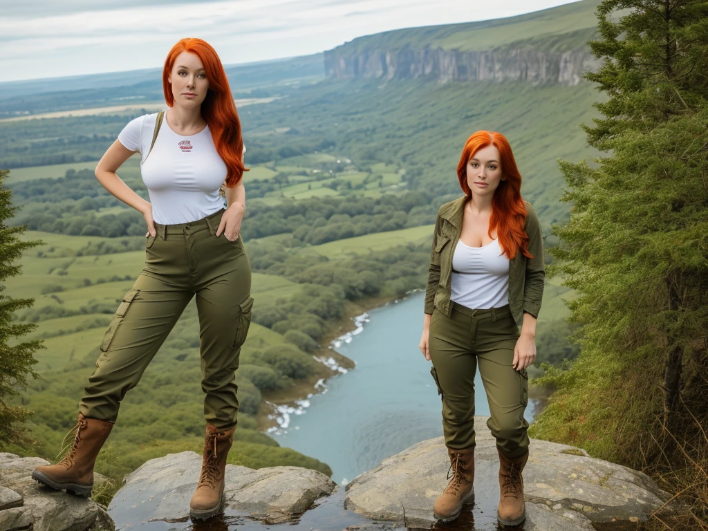 chris Eclear waterfall and Poole from 35 feet high Irish Vibrant red hair girl "She's very tall Extra long legs,Hands Big breasts, and here arm over her head On the other in her hair in triumph In a Hiking pants and top in the colour of Brown khaki Gear," Standing knee high with two white little dogs Give this picture an Irish feel of an Irish countryside," Make all the water Bright blue She's got to be in hiking boots trousers and top" A haunting knife on the girl's hip"