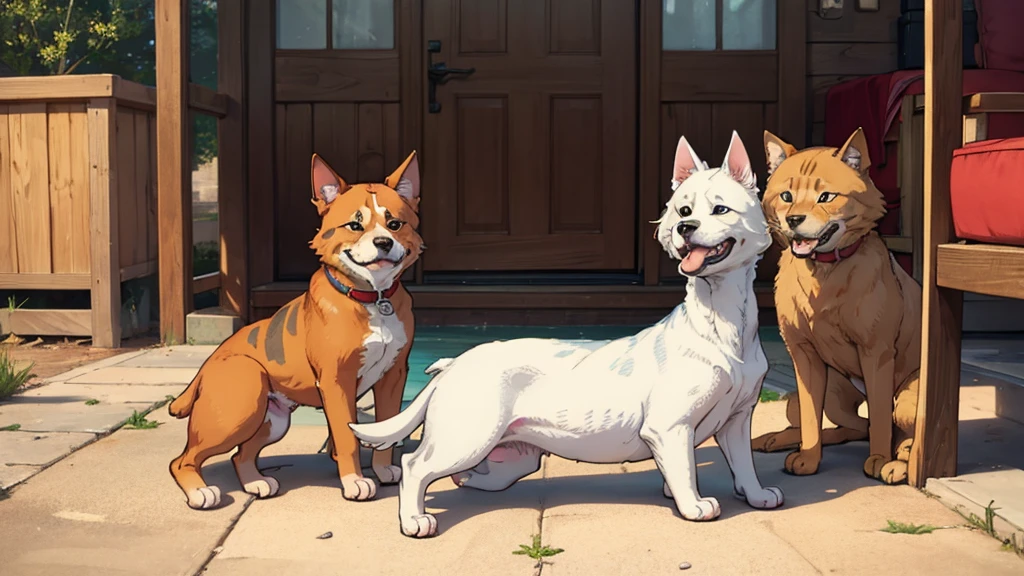 2 dogs, red, 3 cats