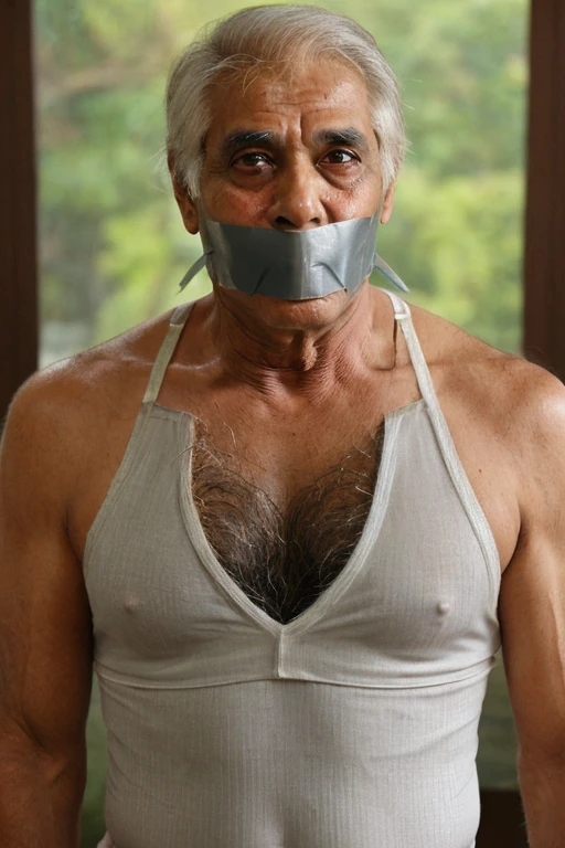 Old Indian man, old indian men , men white singlet, hairy chest, short hair, white singlet, tape gag, tapegag