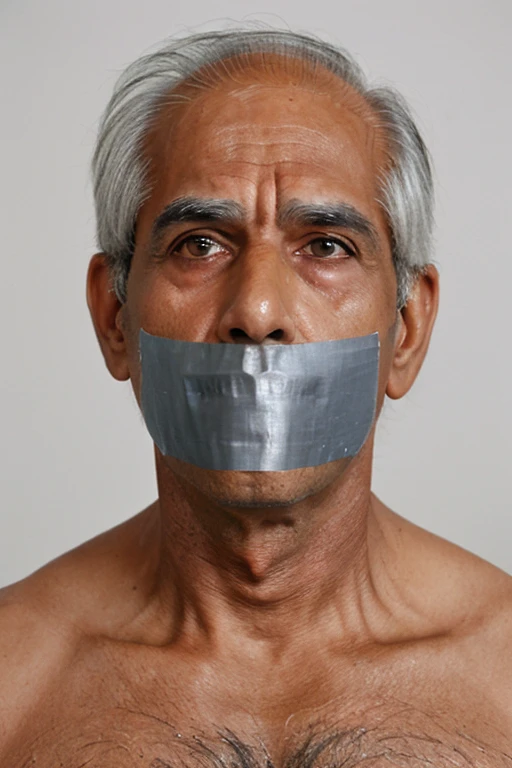 Old Indian man, old indian men , men white singlet, hairy chest, short hair, white singlet, tape gag, tapegag