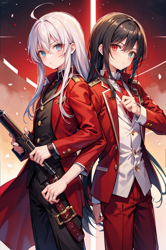 anime boy in a red suit pointing at the camera, anime cover, anime style like fate/stay night, hijikata toushirou, by Jin Homura, handsome anime pose, yandere, yandere. tall, anime visual of a cute girl, inspired by Munakata Shikō, anime moe artstyle, black hair with red tips, long hair, heterochromia left is red, right is bright yellow, holding ancient wooden gun in front og him