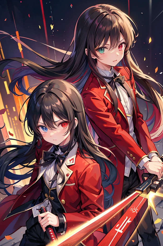 anime boy in a red suit pointing at the camera, anime cover, anime style like fate/stay night, hijikata toushirou, by Jin Homura, handsome anime pose, yandere, yandere. tall, anime visual of a cute girl, inspired by Munakata Shikō, anime moe artstyle, black hair with red tips, long hair, heterochromia left is red, right is bright yellow, holding ancient wooden gun in front og him