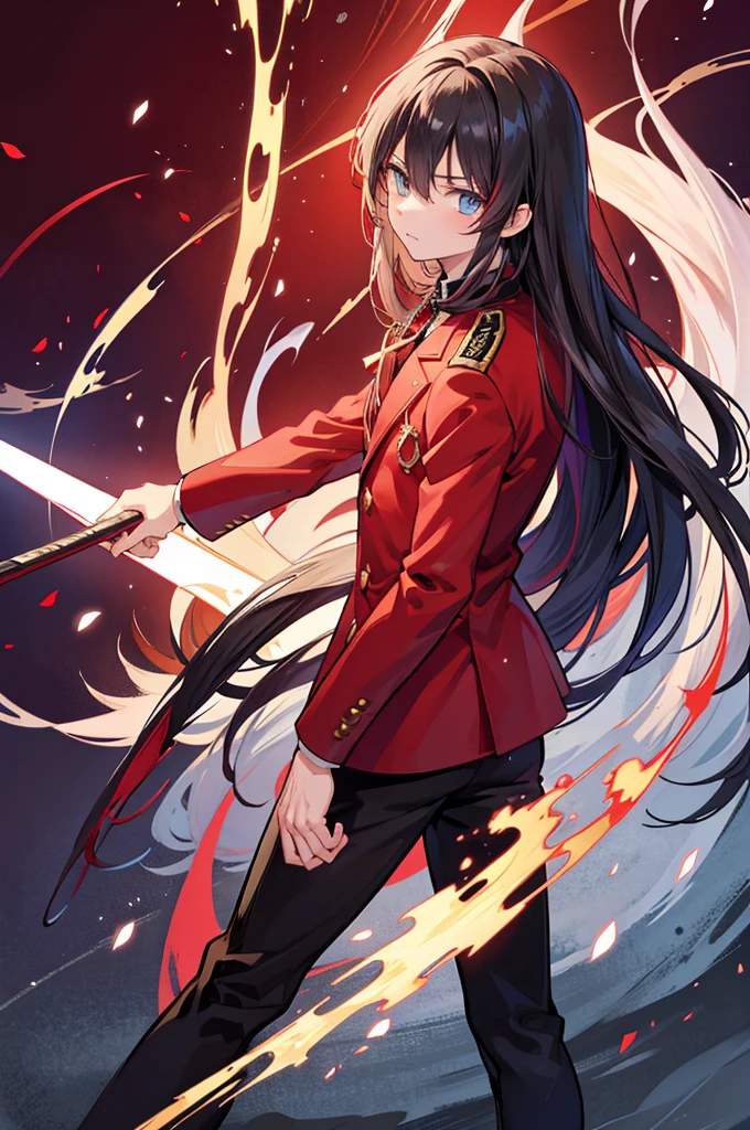 anime boy in a red suit pointing at the camera, anime cover, anime style like fate/stay night, hijikata toushirou, by Jin Homura, handsome anime pose, yandere, yandere. tall, anime visual of a cute girl, inspired by Munakata Shikō, anime moe artstyle, black hair with red tips, long hair, heterochromia left is red, right is bright yellow, holding ancient wooden gun in front og him