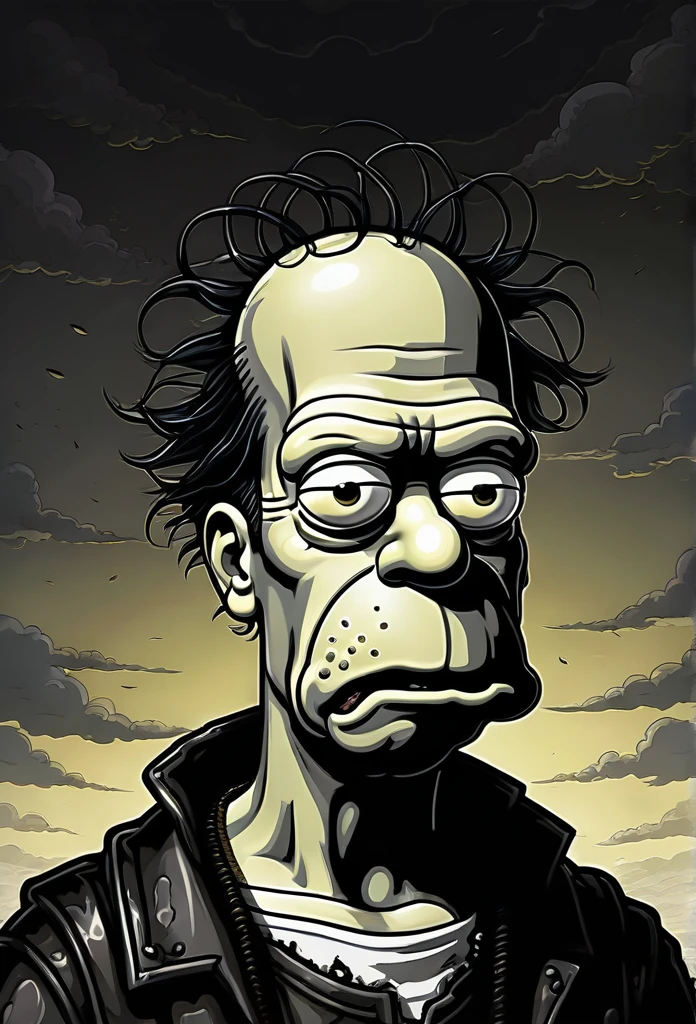 Close-up of ((Homer Simpson:1.3)), in a dark_fantasy style inspired by Tim Burton, portrayed as an apocalyptic zombie. Homer has ({pale and decomposing skin:1.5}), with ({empty and dark eyes:1.4}), and ({grotesque and stylized details:1.3}) typical of Tim Burton's style. The ({angular and shaded lines:1.4}) accentuate Homer's ({macabre and desolate expression:1.3}). The background is ({dark and cloudy:1.4}), highlighting the ({figure in the foreground:1.3}) with ({dramatic and contrasting illumination:1.4}). | Artistic style inspired by ({dark_fantasy and Tim Burton:1.8}), with ({dark color palette and detailed textures:1.5}) that capture the ({dark and surreal atmosphere:1.4}). The image conveys a ({sense of horror and despair:1.5}), with ({vivid details in the decomposition and expression of Homer:1.4}).