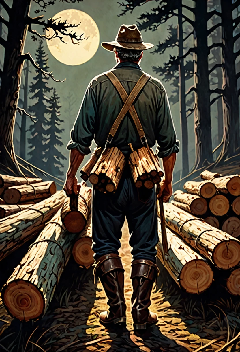 (a close-up) from the back of a farmer holding a bunch of logs, dark fantasy paper style from the 70s, with intense painting and a german romantic style, shadows and spectacultar lighting