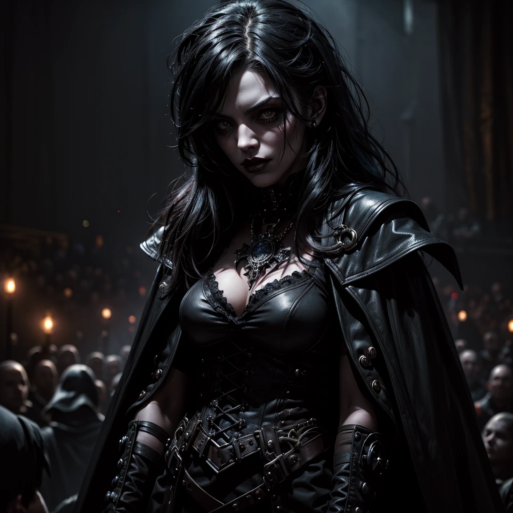 A dark vampiress,steampunk clothes,on stage,undead audience,charming facial features,alluring expression,dramatic lighting,cinematic camera angle,high contrast,moody color palette,dark fantasy,gothic,dramatic,chiaroscuro