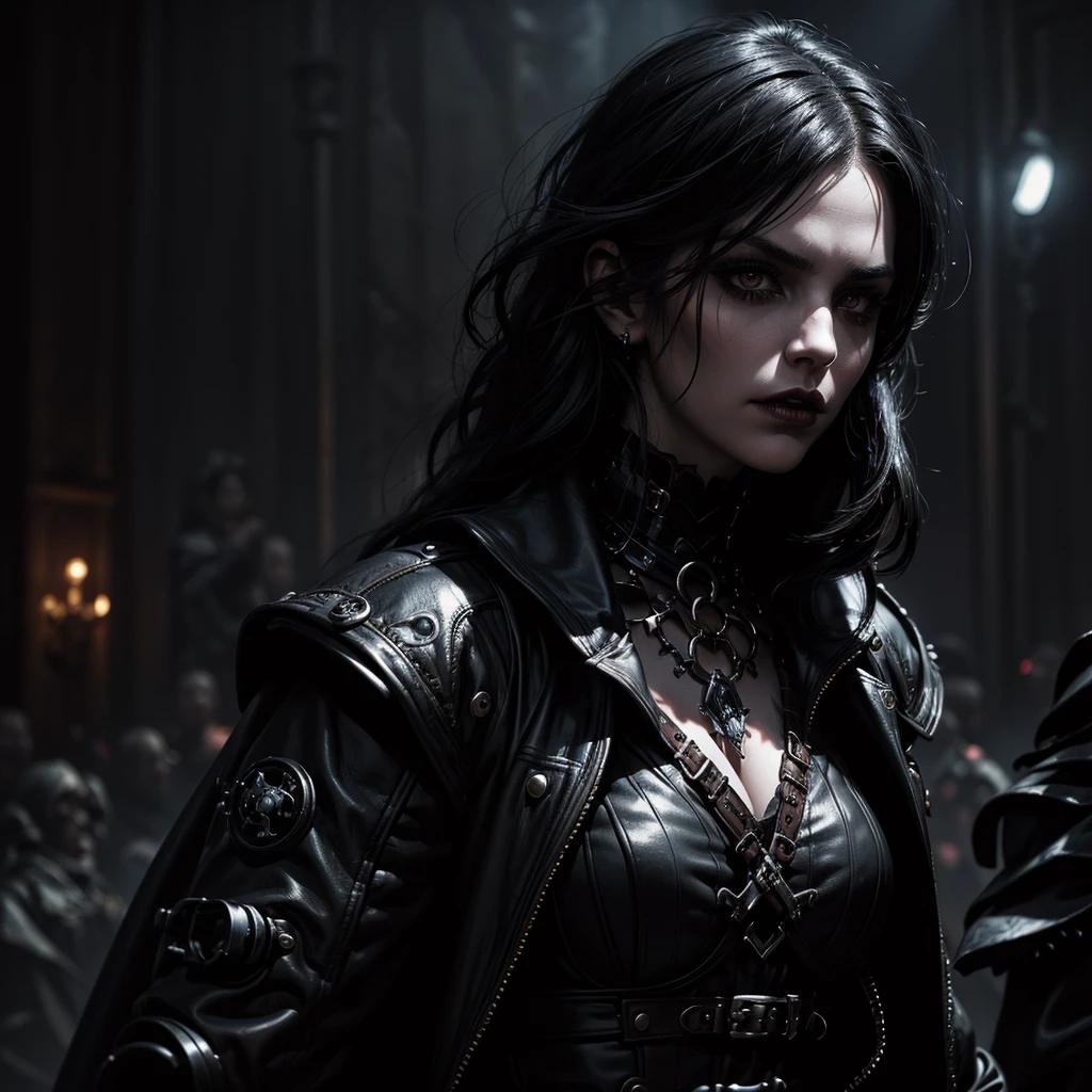 A dark vampiress,steampunk clothes,on stage,undead audience,charming facial features,alluring expression,dramatic lighting,cinematic camera angle,high contrast,moody color palette,dark fantasy,gothic,dramatic,chiaroscuro