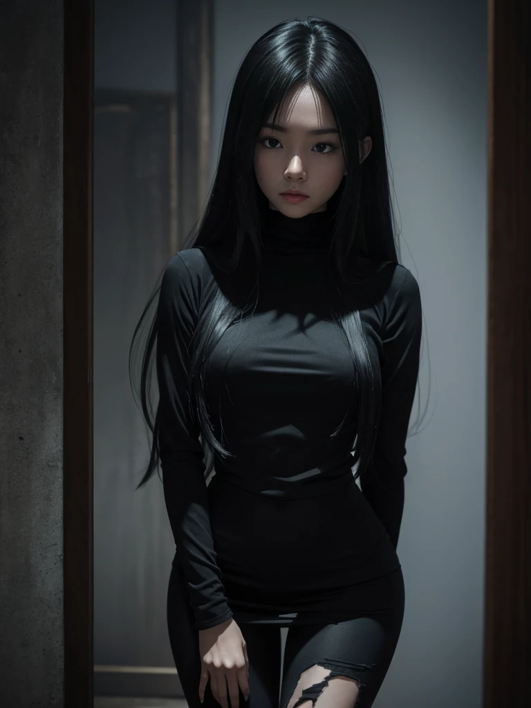 high angle american shoot, ultra-realistic textures, sensual style, a sinister but attractive humanoid puppet, Slim and creepy Sadako Yamamura style from The ring, scary pale grayish face, very long and straight black hair, wearing a shabby outfit with a black miniskirt, black leggings and a thin black sweater very tight ghostly appearance, skin of the face with cracks, in a dark house in the dark foggy night