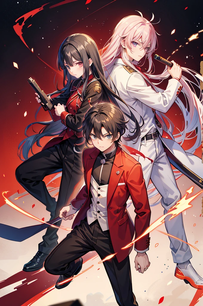anime boy in a red suit pointing at the camera, anime cover, anime style like fate/stay night, hijikata toushirou, by Jin Homura, handsome anime pose, yandere, yandere. tall, anime visual of a cute girl, inspired by Munakata Shikō, anime moe artstyle, black hair with red tips, long hair, heterochromia left is red, right is bright yellow, holding ancient wooden gun in front of him