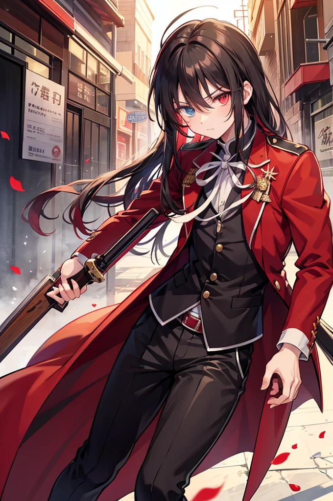 anime boy in a red suit pointing at the camera, anime cover, anime style like fate/stay night, hijikata toushirou, by Jin Homura, handsome anime pose, yandere, yandere. tall, anime visual of a cute girl, inspired by Munakata Shikō, anime moe artstyle, black hair with red tips, long hair, heterochromia left is red, right is bright yellow, holding ancient wooden gun in front of him