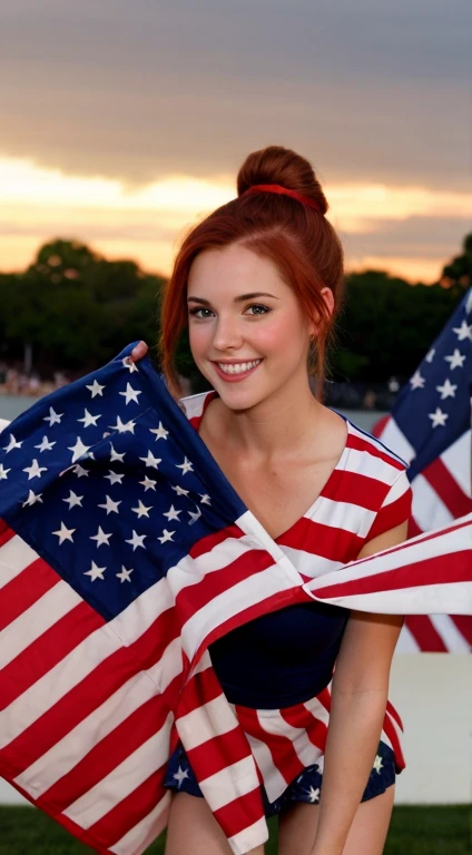 (Ella Hughes:Faye Reagan:Dani Jensen:0.3) a close up of a woman celebrating Fourth of July, waving an American flag, fireworks in the background, short skirt with auburn hair up in a bun, cleavage, smiling sexually 