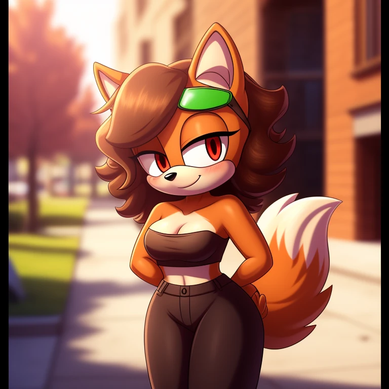 mobian, solo, hedgehog, two-tone fur ((orange fur, brown fur)), strapless crop top, baggy pants, cleavage, two-tone hair (brown hair, black tip)), curly hair, halo, sunglasses, jewelry, red eyes, longeyelashes, red eyes, smile, shy, blush,  framed, stereogram, image fill, viewfinder, depth of field, high details, high detail, masterpiece, UHD, anatomically correct, super detail, highres, 4K