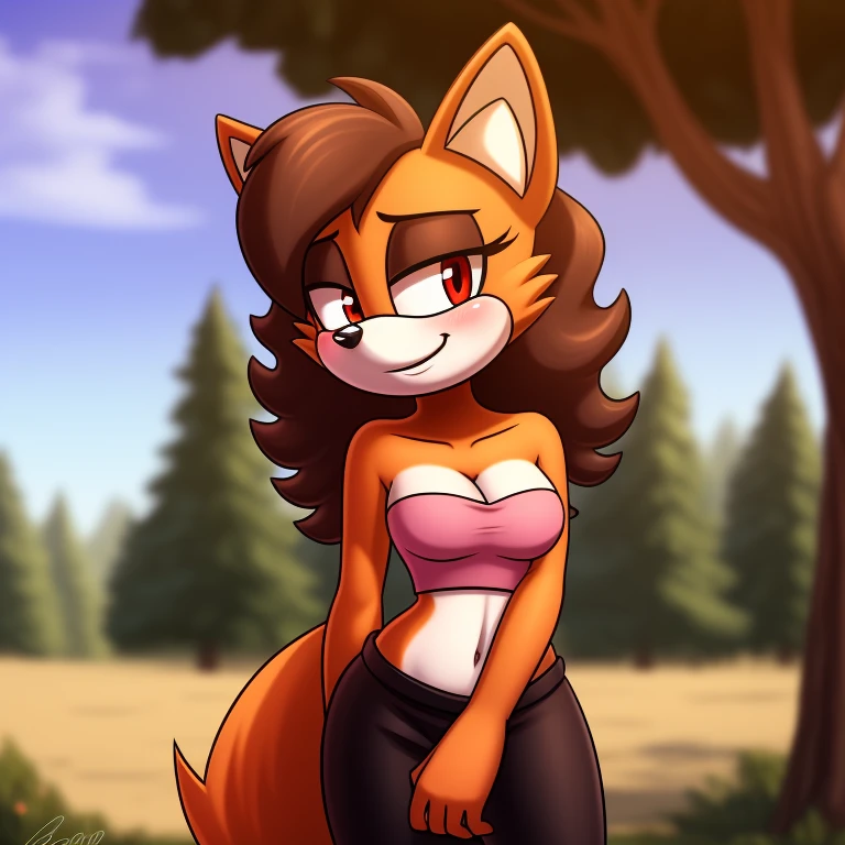 mobian, solo, hedgehog, two-tone fur ((orange fur, brown fur)), strapless crop top, baggy pants, cleavage, two-tone hair (brown hair, black tip)), curly hair, halo, sunglasses, jewelry, red eyes, longeyelashes, red eyes, smile, shy, blush,  framed, stereogram, image fill, viewfinder, depth of field, high details, high detail, masterpiece, UHD, anatomically correct, super detail, highres, 4K