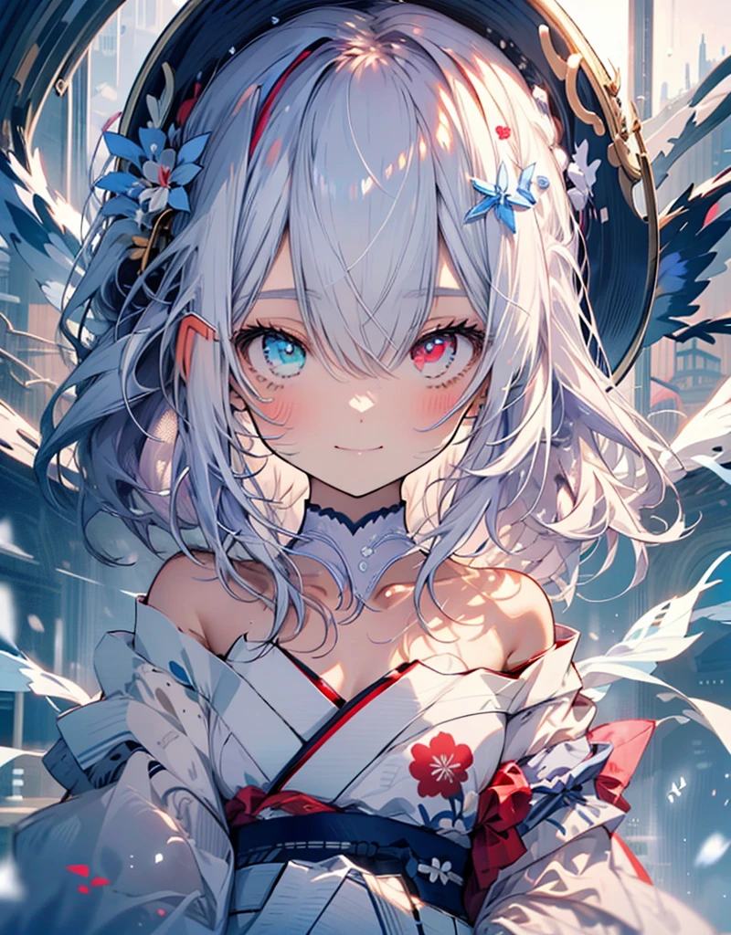 [[[ ultra-detailed, best quality, soft skin, beautiful, 4K]]] white hair, ((white fox ears)), perfect blue and red eyes (heterochromia, tied-up hair, slender body, dynamic angle, white choker, white and blue upper loose kimono (off shoulders kimono ) , white fox ears, calm expression, female, snowy palace gardens background, serious). walking angle, ((little horny smile)), bare shoulders,  easy like, scenery 