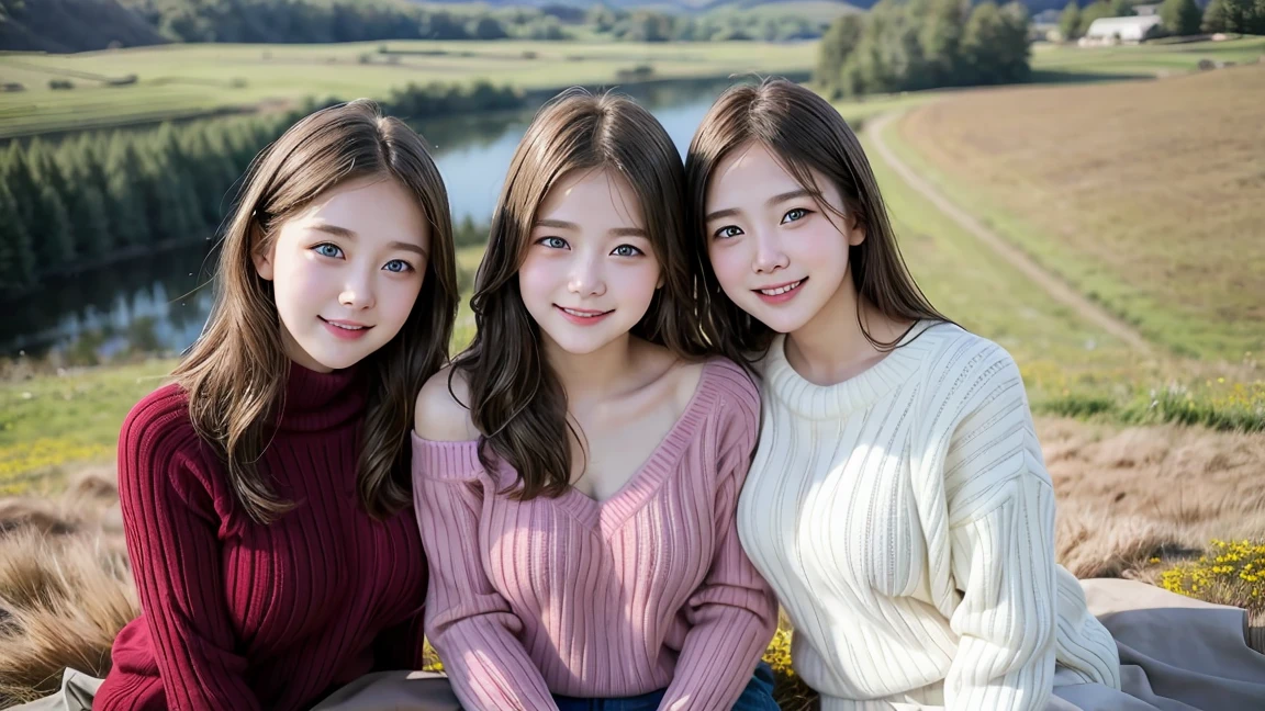 (3 girls), Young faceอินโดนีเซีย, ,smile, white skin, Round breast, blue eyes,((Wear a red sweater with the shoulders showing off your chest.))Masterpiece, Highest quality, 8K, beautiful girl, Young face、 photography, Cute face, thigh,In the meadow, Embarrassing、รอยsmile、((((((อายุ 12 yearsmall waist、 ((Busty breasts))