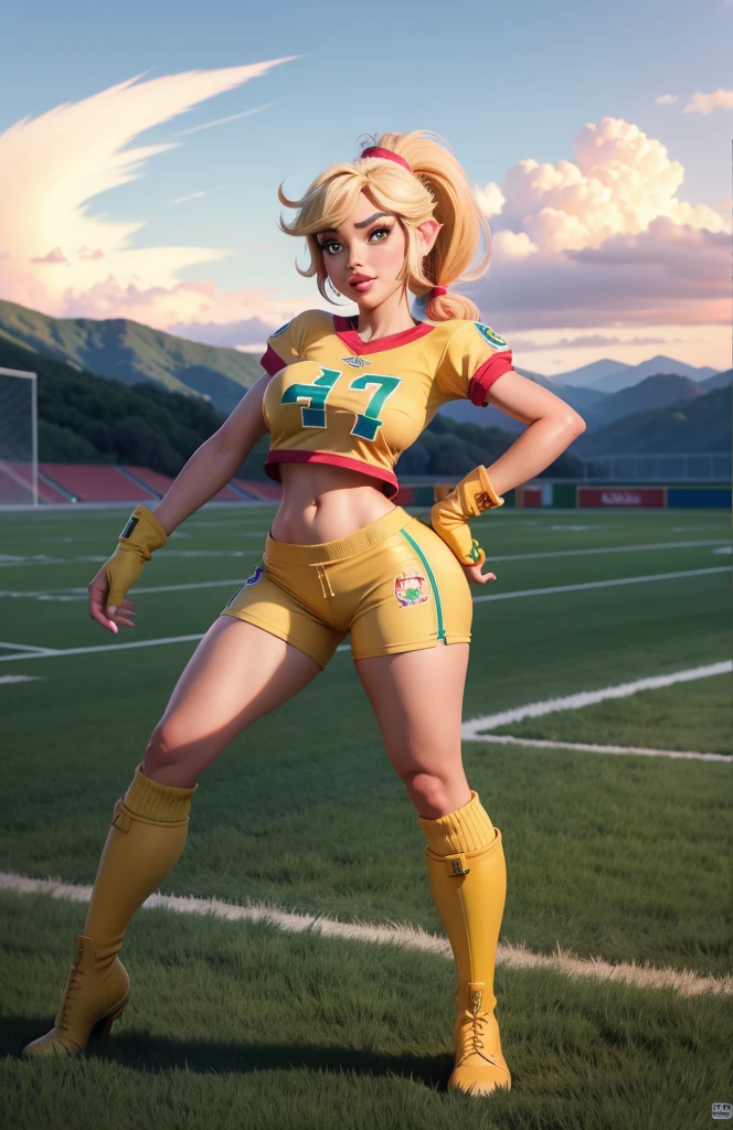 Sex Applejack equestria Girl applejack,My little pony applejack,curvy , sex hiperrealista, sex chica rusa, cabello largo, cuerpo caliente,old sex applejack, football uniform showing navel and short pants, covered erect nipples, high socks, football boots, football field, fullbody.