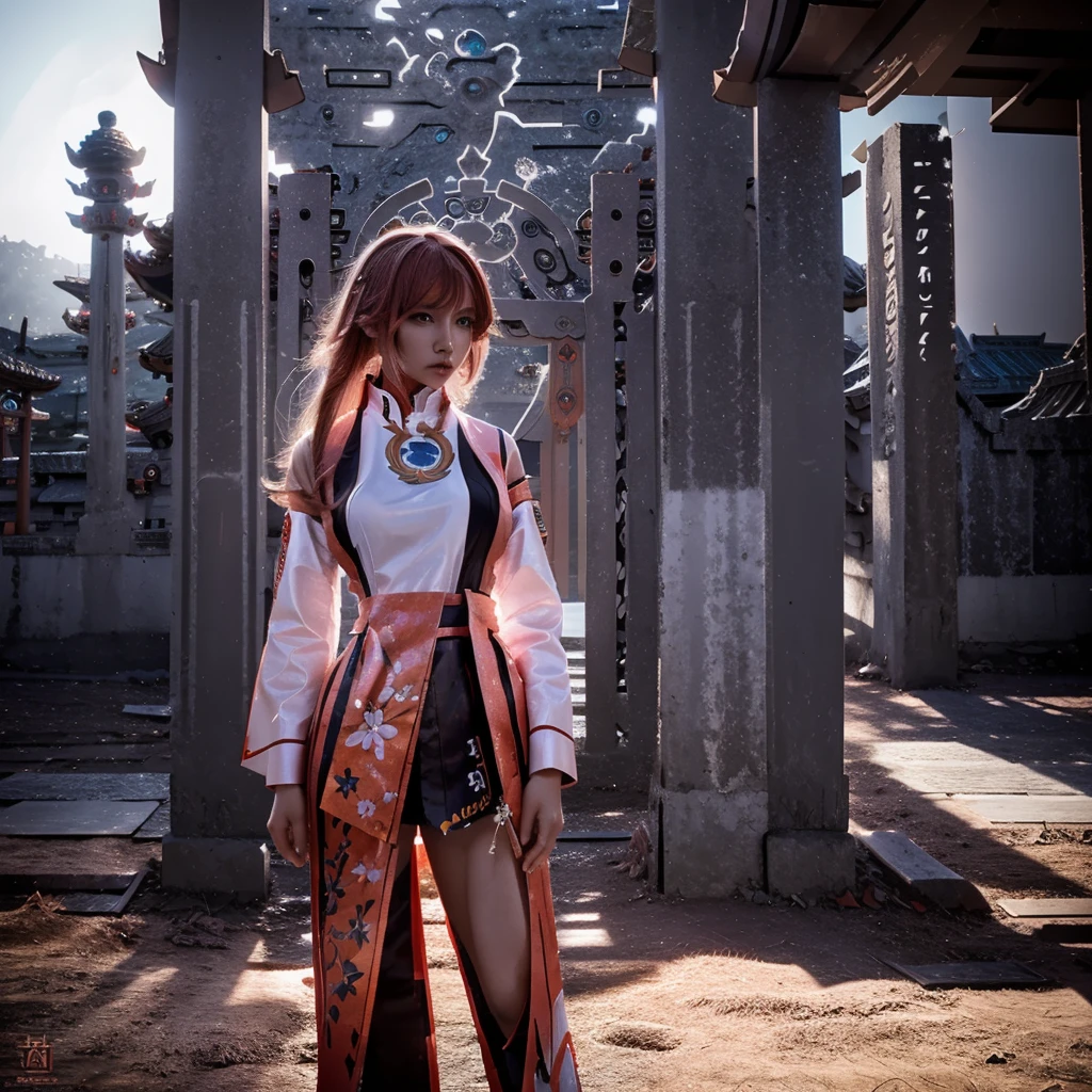 A stunning hyperrealistic photograph of a Mecha girl fusion character transformed into a superhero, standing in front of a magnificent Chinese temple. The character is wearing a striking latex jacket with a long collar and intricate Mecha designs. The jacket is designed to rise upwards, emphasizing her powerful stance. Surrounding her is a vibrant, cinematic scene of a prism light photography effect, with vivid colors and a lush flowering park in the background. The overall atmosphere is both futuristic and mystical, evoking a sense of awe and wonder., cinematic