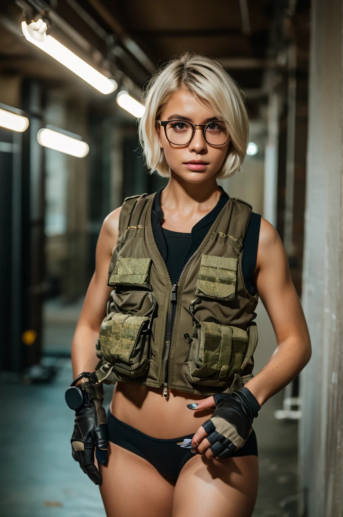 masterpiece , a girl, in battlefield, ( lite white short hair:1.2), (red eyes:1.2), (Russian Millitary Uniform:1.2), (looks at the viewer:1.2) , (8k, best quality 1.2), ultra-detailed, 8k uhd, soft lighting, high quality, film grain, beautiful lighting, cinematic ,perfect body , best illumination, best shadow, sharpness, contrast, red glasses, messy hair, tactical vest, gloves, headset, absurdres high detailed face