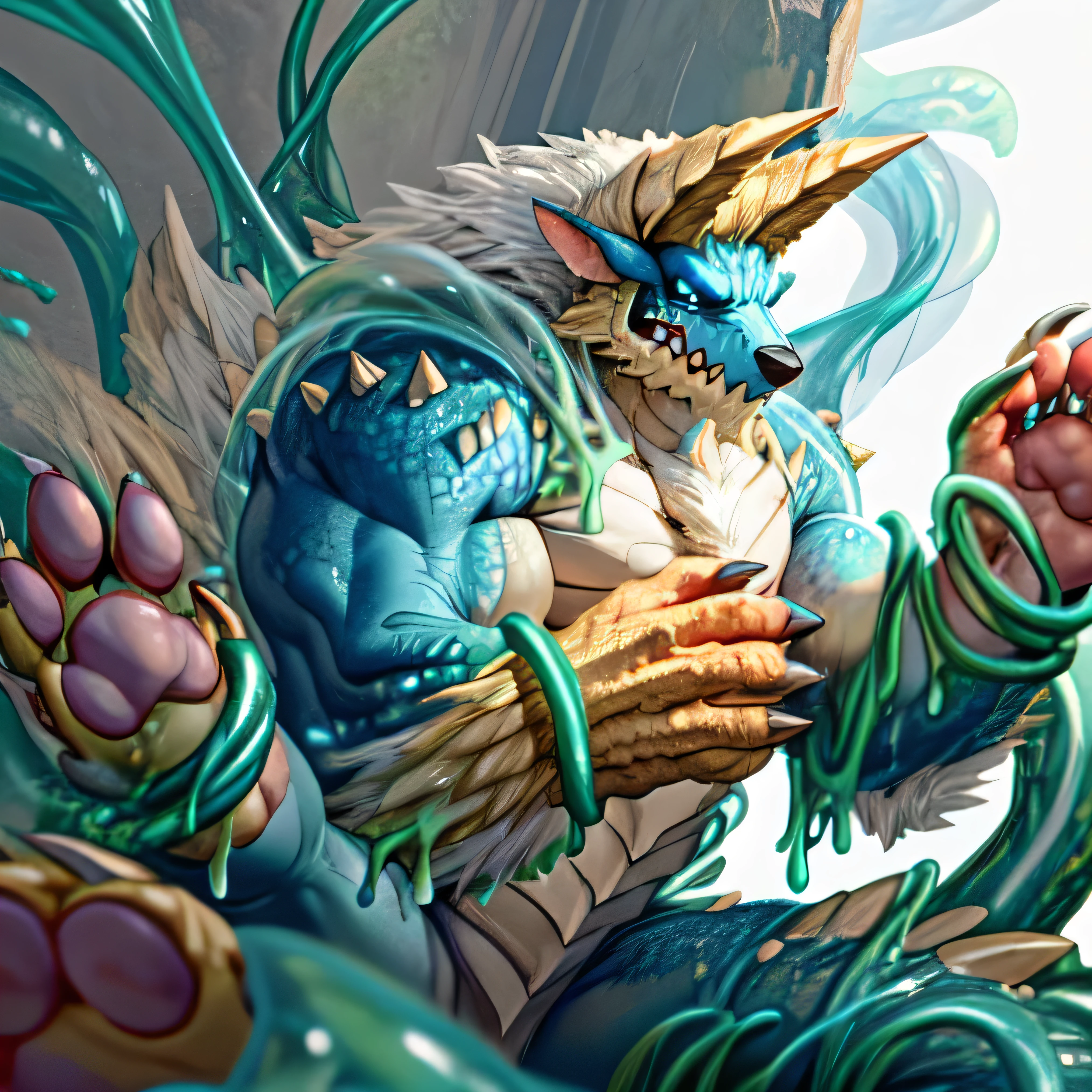 anthropology,(zinogre:1.2),Tail,((whole body,blue eyes, Blue body, White furry, Yellow Hand, Feet, Blue face,4 toes,Tail )),,muscular, whole body, (author：null-ghost,From raccoon21,masterpiece,high quality), Night Fight,((boundary)), rest (((Slime monster uses tentacles to fight dragon))，4 toes，struggle, (pain:1.3)，frown，annoyed, Worry,full body,pawpads,((horns))