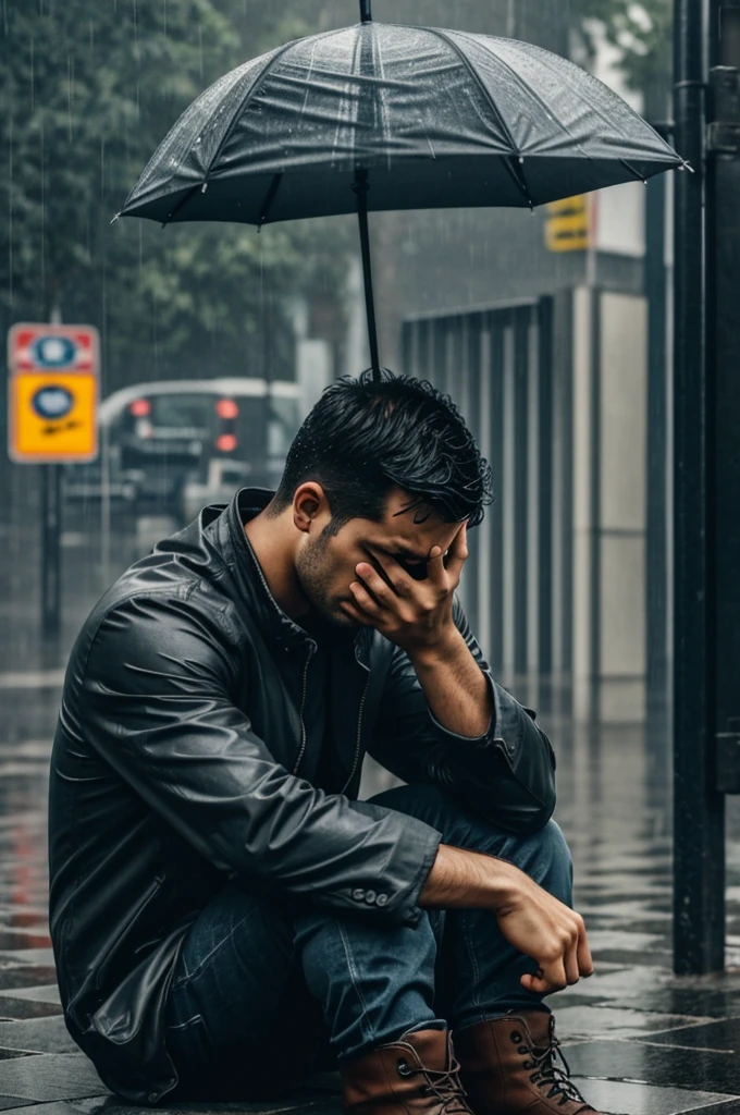Sad man crying sitting under heavy rain