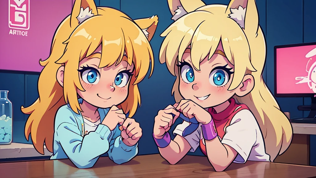 SMILING HAPPY, , FEMBOY, BOY, DOG EARS, BLONDE HAIR, BLUE EYES, INNOCENT FACE, 4K anime style, 8K anime art wallpaper, 4K anime art wallpaper, 4K anime art wallpaper, anime style. 8k, anime wallpaper 4k, anime wallpaper 4k, anime wallpaper 4k, mystery girl cafeteria, lofi artstyle, lofi girl, digital art cyberpunk anime