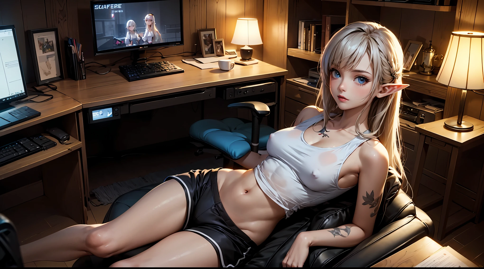 Create a high-quality, detailed image of a beautiful, anime gamer girl with tattoos and long hair, beautiful eyes, and small elf ears, sitting at her gaming PC in her gaming room. She is wearing a see through tank top, barely showing her nipples, and sleep shorts, showing her midriff, highlighting her stunning curves. The warm, inviting scene includes soft ambient lighting, comfortable seating, The setting is illuminated by a small lamp, creating a serene and intimate atmosphere