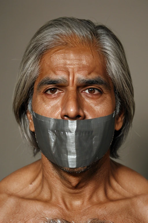 Old Indian man, old indian men , men white singlet, hairy chest, short hair, white singlet, tape gag, tapegag