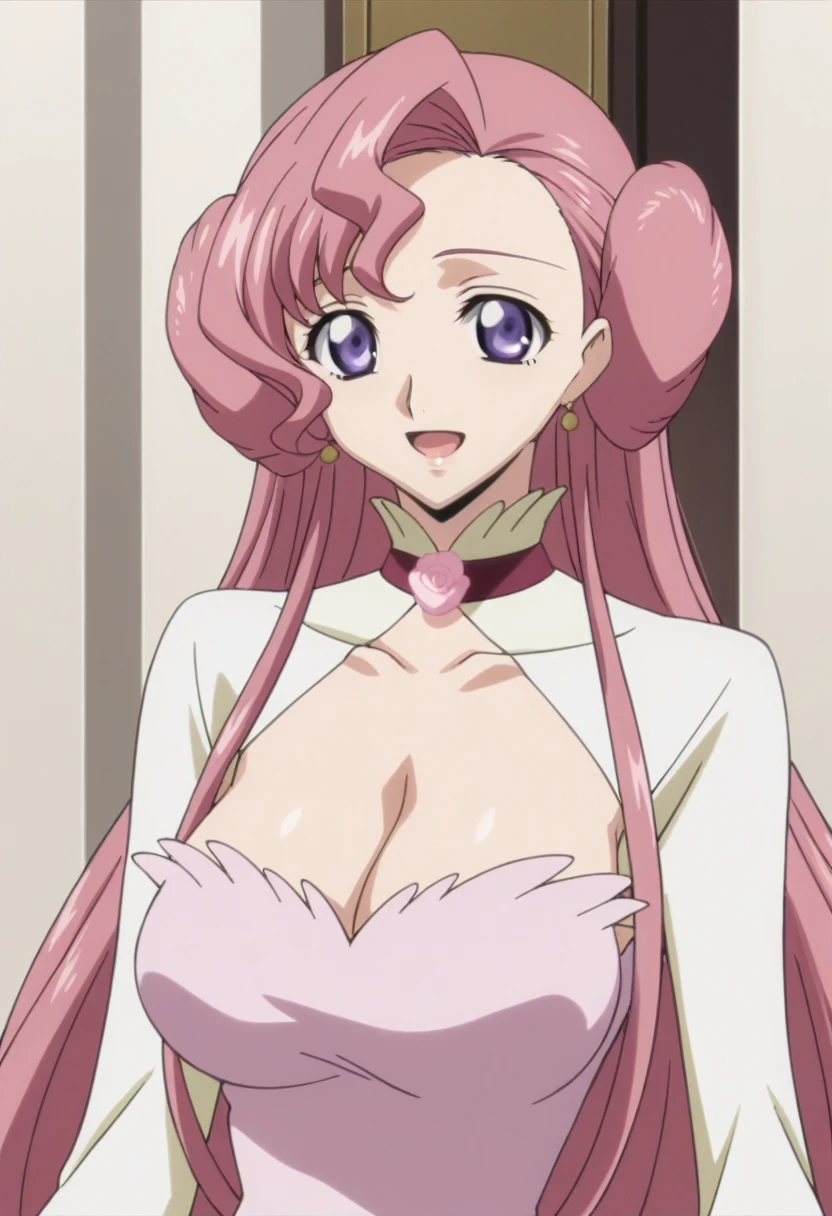 score_9, score_8_up, score_7_up, source_anime, best quality, masterpiece, rating_explicit, uncensored, official art, official style, anime screencap, megami magazine, BREAK, euphemia li britannia, pink hair, long hair, purple eyes, double bun, large breasts, cleavage, pink dress, long sleeves, cleavage cutout, flower, choker, flower choker, gardee, looking at viewer, smile, open mouth