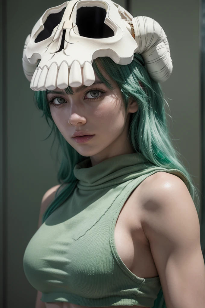 Nelliel from bleach, realistic, age 25, pure white skin, skull on head, light green long hair, perfect face, perfect shape body, large breasts, clothes covered upper body, 3d .